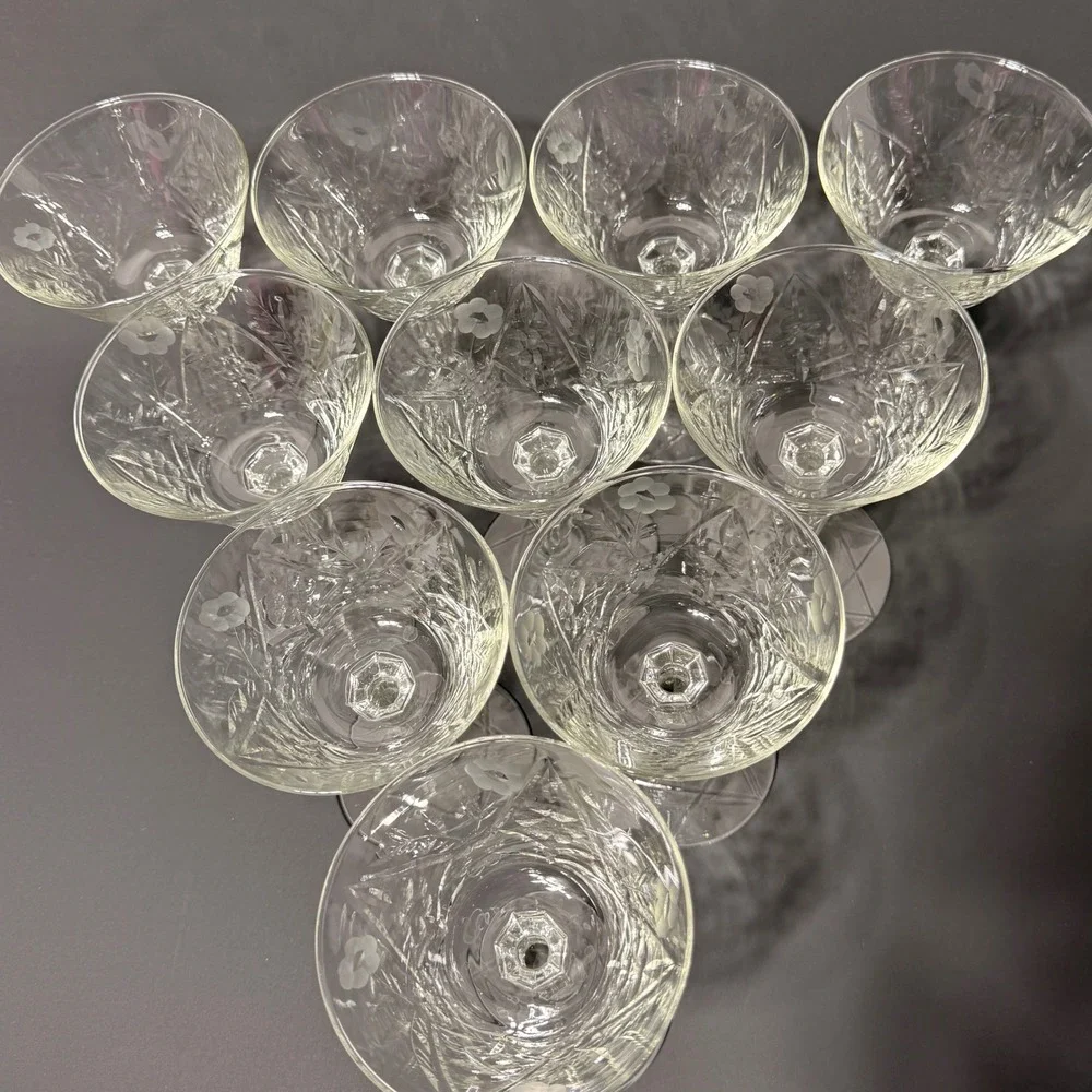 Set of 10 Vintage Libbey Rock Sharpe Crystal Cocktail Glasses Etched Floral MCM